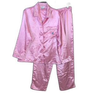 Kathryn Pink Satin Pajama Set Floral Embroidered Pocket Women's M Vintage